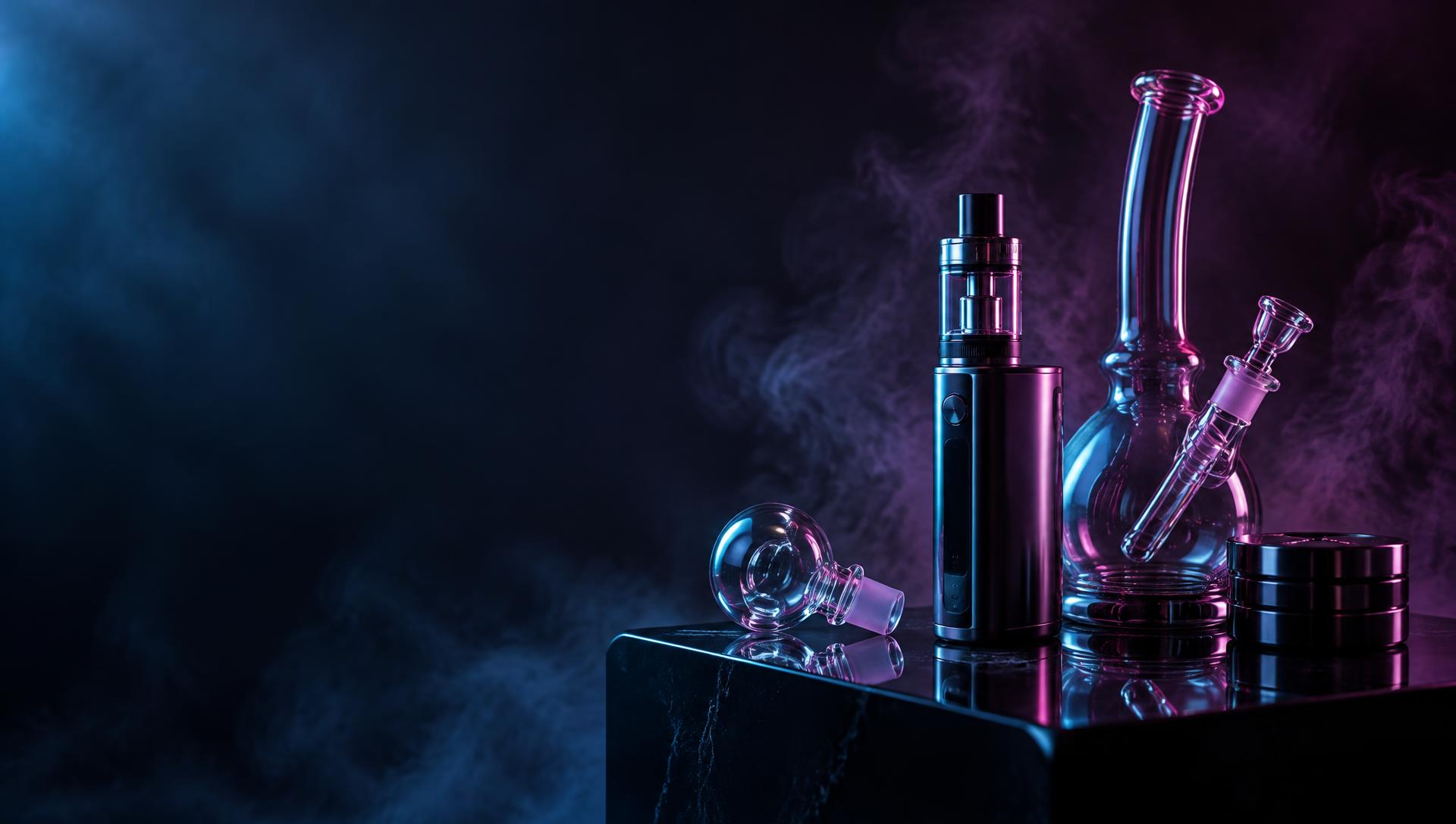 Premium glass and vape accessories illuminated with cyan and magenta studio lighting